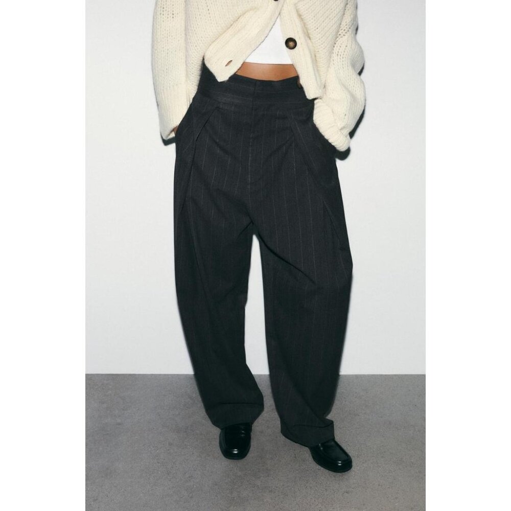ZARA BALLOON STRIPED PLEATED TROUSERS - Picture 1 of 7
